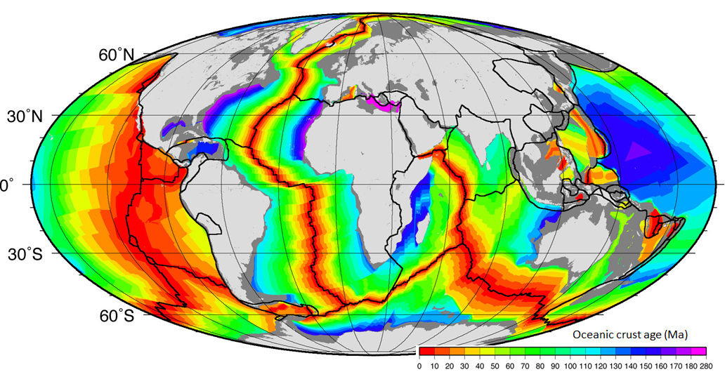 Figure 18.7 The age of the oceanic crust [SE after NOAA at http://www.ngdc.noaa.gov/mgg/ocean_age/data/2008/image/age_oceanic_lith.jpg]