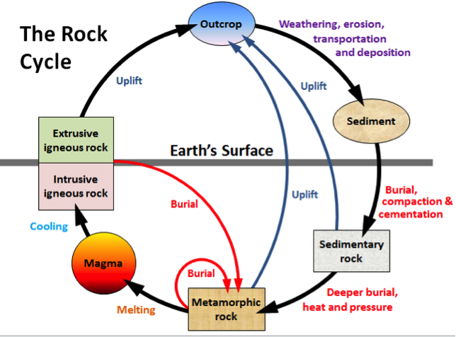 Figure 6.2 The rock cycle, showing the processes related to sedimentary rocks on the right-hand side.