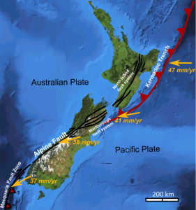This map shows the plate tectonic situation in the area around New Zealand.