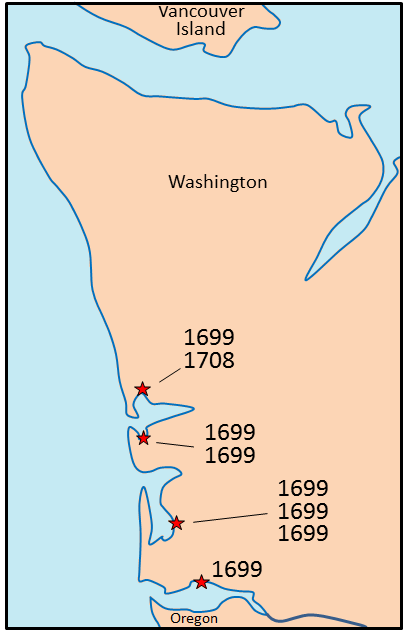 Figure 8.18 Sites in Washington where dead trees are present in coastal flats. The outermost wood of eight trees was dated using dendrochronology, and of these, seven died during the year 1699, suggesting that the land was inundated by water at that time. [SE from data in Yamaguchi, D.K., B.F. Atwater, D.E. Bunker, B.E. Benson, and M.S. Reid. 1997. Tree-ring dating the 1700 Cascadia earthquake. Nature, Vol. 389, pp. 922 - 923, 30 October 1997.]