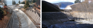 Figure 15.22 Two strategies for mitigating debris flows on the Sea-to-Sky Highway. Left: A concrete –lined channel on Alberta Creek allows debris to flow quickly through to the ocean. Right: A debris-flow catchment basin on Charles Creek. In 2010, a debris flow filled the basin to the level of the dotted white line. [SE]