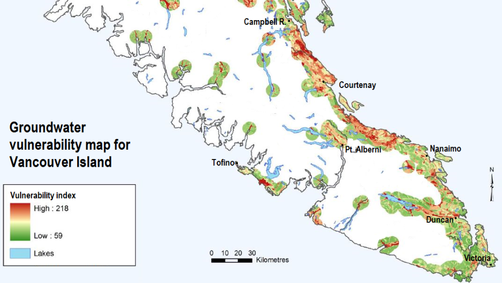 Figure 14.19 The vulnerability to anthropogenic contamination of aquifers on southern Vancouver Island. Much of the island is not mapped (shown as white) because of a lack of aquifer information in areas without wells. [From: Newton, P. and Gilchrist, A. 2010. Technical summary of intrinsic vulnerability mapping methods of Vancouver Island, Vancouver Island Water Resources Vulnerability Mapping Project, Vancouver Island University, 45pp. Used with permission. https://web.viu.ca/groundwater/PDF/VI_DRASTIC_Summary_Phase2_2010.pdf]