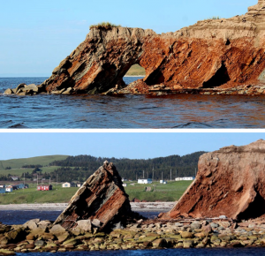 Figure 17.14 Top: An arch in tilted sedimentary rock at the mouth of the Barachois River, Newfoundland, July 2012. Bottom: The same location in June 2013. The arch has collapsed and a small stack remains. [Photo: Dr. David Murphy, used with permission]