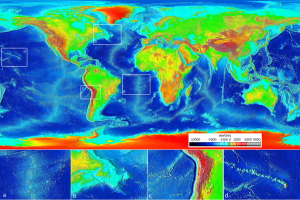 Figure 10.8 Ocean floor bathymetry (and continental topography). Inset (a): the mid-Atlantic ridge, (b): the Newfoundland continental shelf, (c): the Nazca trench adjacent to South America, and (d): the Hawaiian Island chain. [SE after NOAA, http://upload.wikimedia.org/wikipedia/commons/9/93/Elevation.jpg]