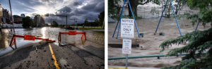 Figure 13.28 Flooding in Calgary (June 21, left) and Okotoks (June 20, right) during the 2013 southern Alberta flood [http://upload.wikimedia.org/wikipedia/commons/6/6a/Riverfront_Ave_Calgary_Flood_2013.jpg http://upload.wikimedia.org/wikipedia/en/9/9b/Okotoks_-_June_20%2C_2013_-_Flood_waters_in_local_campground_playground-03.JPG]