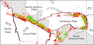 Figure 11.9 Distribution of earthquakes of M4 and greater in the Central America region from 1990 to 1996 (red: 0-33 km, orange: 33-70 km, green: 70-300 km, blue: 300-700 km) (Spreading ridges are heavy lines, subduction zones are toothed lines, and transform faults are light lines.) [SE after Dale Sawyer, Rice University, http://plateboundary.rice.edu]