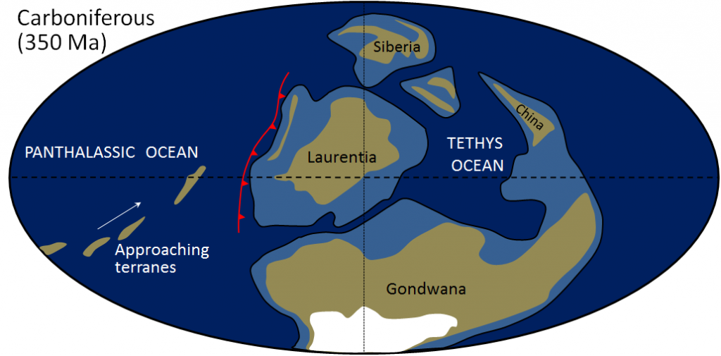 Figure 21.11 The distribution of continents in the early Carboniferous, showing the terranes that later became attached to the west coast of North America. The light blue areas are continental shelves, the white is ice of the Karoo Glaciation, and the red line shows subduction of oceanic crust beneath Laurentia. Panthalassic is the name for the huge ocean that preceded the Pacific Ocean. [SE based on information from Christopher Scotese at http://www.scotese.com/]