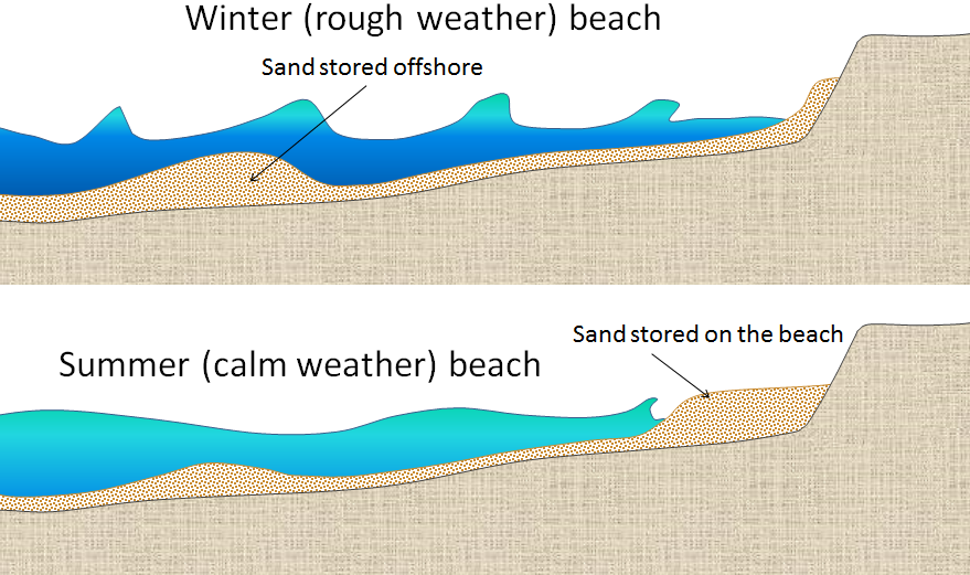 Figure 17.17 The differences between summer and winter on beaches in areas where the winter conditions are rougher and waves have a shorter wavelength but higher energy. In winter, sand from the beach is stored offshore. [SE]