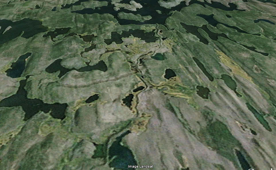 Figure 21.34 A drumlin field with an esker (centre) in the Cree Lake area of northern Saskatchewan [NASA Landsat image, from Google Earth]