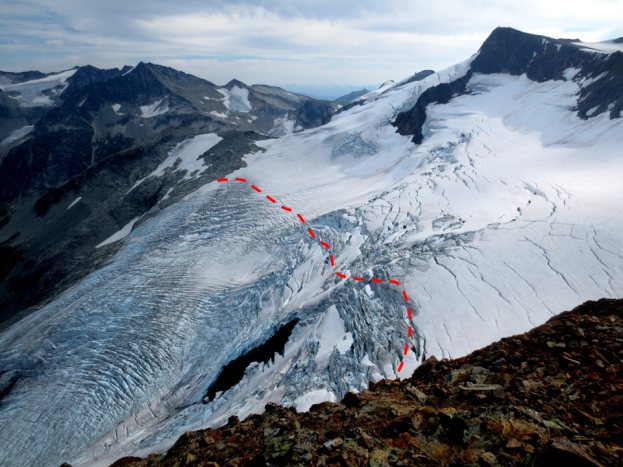 Figure 16.12 The approximate location of the equilibrium line (red) in September 2013 on the Overlord Glacier, near Whistler, B.C. [SE, after Isaac Earle, used with permission]