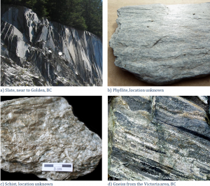 Figure 7.8 Examples of foliated metamorphic rocks [a, b, and d: SE, c: Michael C. Rygel, http://en.wikipedia.org/wiki/Schist#mediaviewer/File:Schist_detail.jpg]