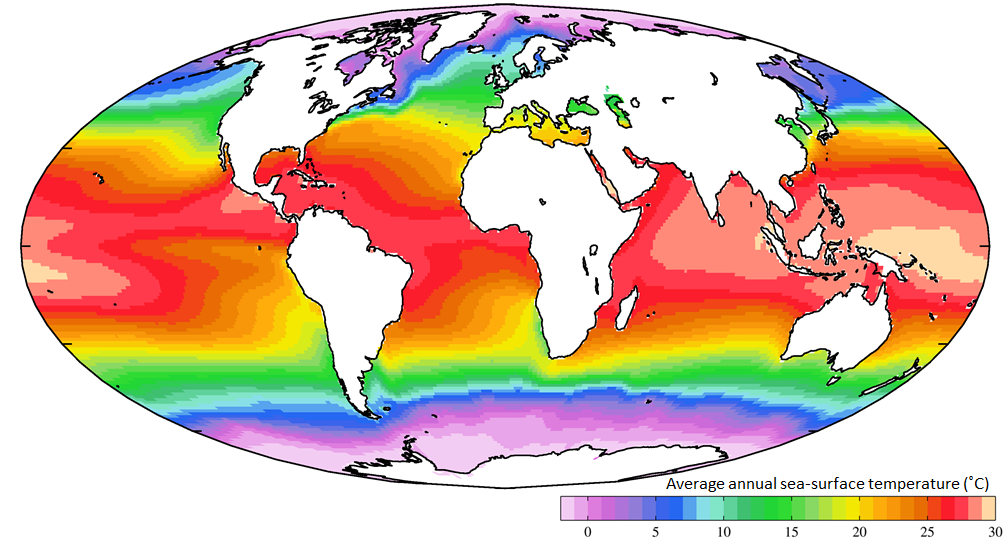Figure 18.14 The global distribution of average annual sea-surface temperatures https://upload.wikimedia.org/wikipedia/commons/2/21/WOA09_sea-surf_TMP_AYool.png