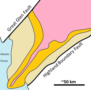 The map shown here represents the part of western Scotland between the Great Glen Fault and the Highland Boundary Fault. The shaded areas are metamorphic rock, and the three metamorphic zones represented are garnet, chlorite, and biotite.