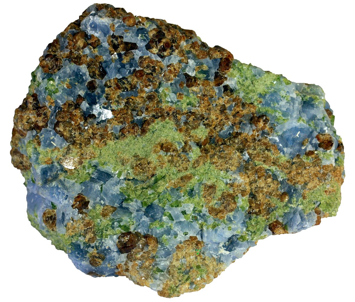Figure 7.27 A skarn rock from Mount Monzoni, Northern Italy, with recrystallized calcite (blue) garnet (brown) and pyroxene (green). The rock is 6 cm across. [by Siim Sepp, from http://commons.wikimedia.org/wiki/File:00031_6_cm_grossular_calcite_augite_skarn.jpg]
