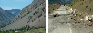 Figure 15.8 Left: A talus slope near Keremeos, B.C., formed by rock fall from the cliffs above. Right: The results of a rock fall onto a highway west of Keremeos in December 2014. [SE]