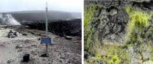 Figure 4.17 A gas-composition monitoring station (left) within the Kilauea caldera and at the edge of Halema’uma’u crater. The rising clouds are mostly composed of water vapour, but also include carbon dioxide and sulphur dioxide. Sulphur crystals (right) have formed around a gas vent in the caldera. [SE photos]