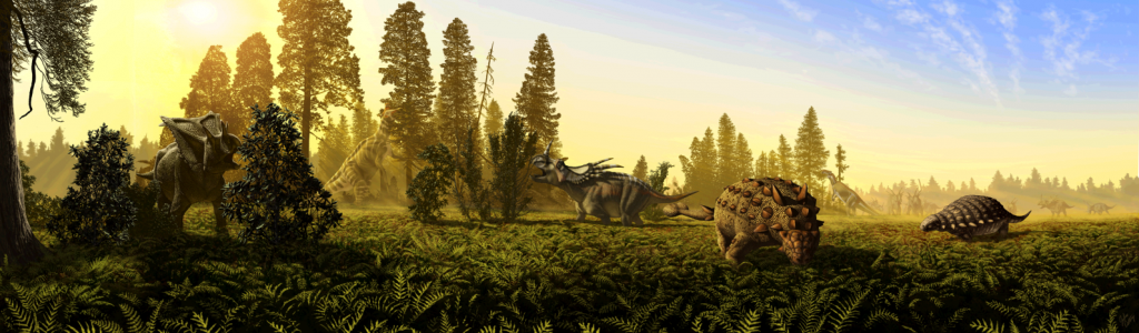 Figure 21.25 Depiction of some of the large herbivorous dinosaurs from the upper part of the Dinosaur Park Formation. Left to right: the ceratopsian Pentaceratops , the hadrosaur Lambeosaurus eating from a tall tree, the ceratopsian Styracosaurus, the ankylosuar Scolosaurus, the hadrosaur Prosaurolophus (in the distance), the ankylosaur Panoplosaurus, and a herd of Styracosaurs in the background. [by J.T. Csotonyi at https://upload.wikimedia.org/wikipedia/commons/e/e9/Dinosaur_park_formation_fauna.png]
