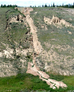 Figure 15.16 A slump (left) and an associated mudflow (centre) at the same location as Figure 15.15, near Lethbridge, Alberta. [SE]