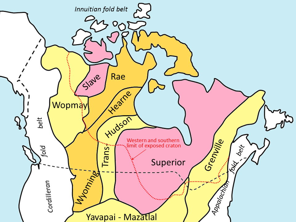 Figure 21.3 The main provinces of Laurentia. The pink areas are the oldest; light yellow are the youngest. All of the areas south and west of the dotted red line are now covered with younger rocks. The white areas represent rocks that were added to North America since 700 Ma. [SE]
