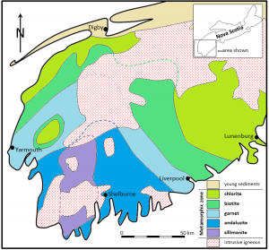 Figure 7.22 Regional metamorphic zones in the Meguma Terrane of southwestern Nova Scotia [SE, after Keppie, D, and Muecke, G, 1979, Metamorphic map of Nova Scotia, N.S. Dept. of Mines and Energy, Map 1979-006., and from White, C and Barr, S., 2012, Meguma Terrane revisted, Stratigraphy, metamorphism, paleontology and provenance, Geoscience Canada, V. 39, No.1]