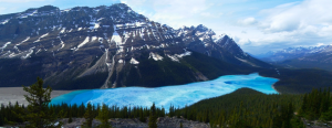Figure 16.27 Peyto Lake in the Alberta Rockies, is both a finger lake and a moraine lake as it is dammed by an end moraine, on the right. [http://commons.wikimedia.org/wiki/File:1_Peyto_lake_panorama_2006.jpg]