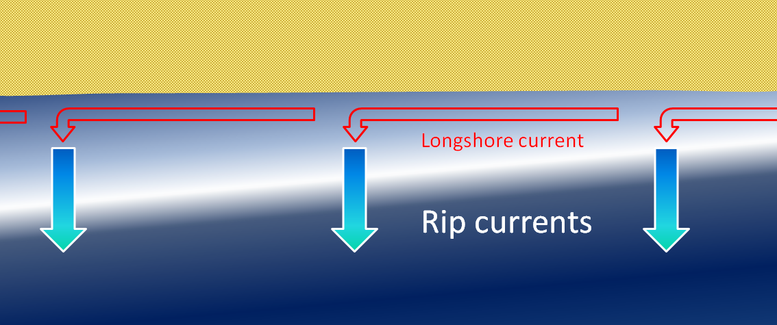 Figure 17.9 The formation of rip currents on a beach with strong surf [SE]