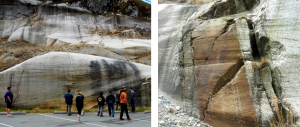 Figure 16.25 Left: Roches moutonées with glacial striae near Squamish, B.C. Right: Glacial striae at the same location near Squamish. Ice flow was from right to left in both cases. [SE]