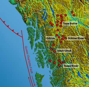Figure 4.5 Volcanoes and volcanic fields in the Northern Cordillera Volcanic Province, B.C. (base map from Wikipedia (http://commons.wikimedia.org/wiki/File:South-West_Canada.jpg). Volcanic locations from Edwards, B. & Russell, J. (2000). Distribution, nature, and origin of Neogene-Quaternary magmatism in the northern Cordilleran volcanic province, Canada. Geological Society of America Bulletin. pp. 1280-1293[SE]Cordillera Volcanic Province, B.C.