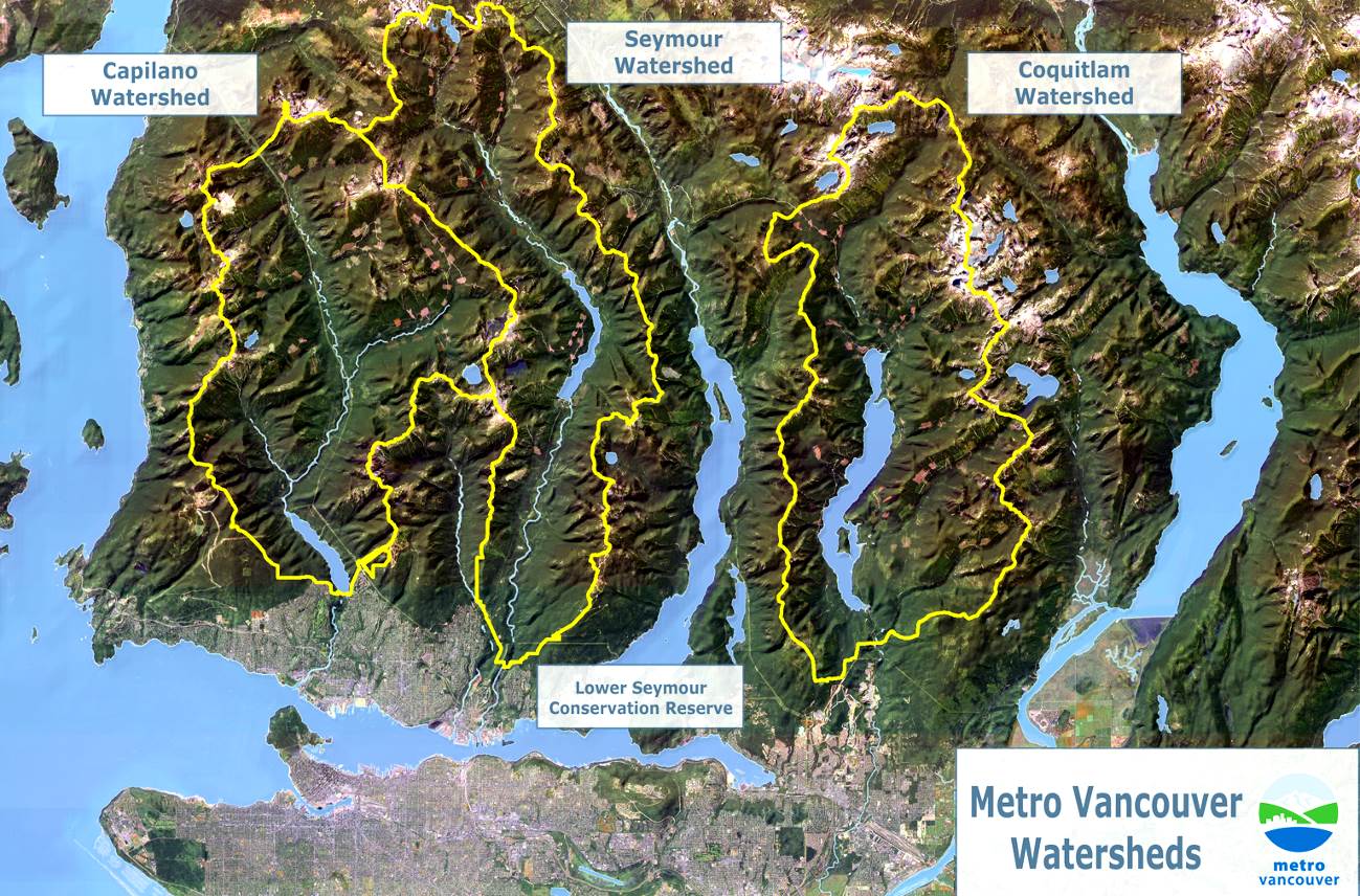 Figure 13.6 The three drainage basins that are used for the Metro Vancouver water supply. [Used with permission of Metro Vancouver]