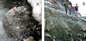 Figure 16.31 Examples of glacial till: a: lodgement till from the front of the Athabasca Glacier, Alberta; b: ablation till at the Horstman Glacier, Blackcomb Mountain, B.C. [SE]